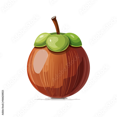 Illustration of a single purple mangosteen with green crown on a dark background tropical fruit still life