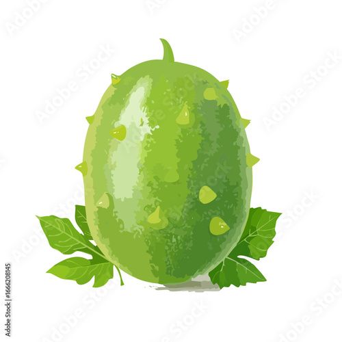 Spiked melon with leaves isolated on black background still life vibrant green fruit unique ingredient decoration botanical illustration