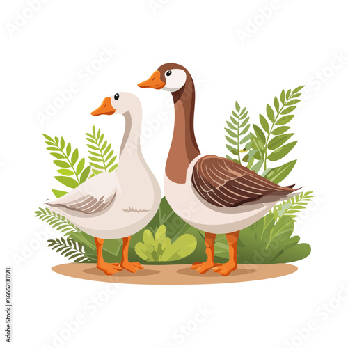 Pair of geese amidst green foliage graceful waterfowl illustration wildlife scene birds in nature animal cartoon vector