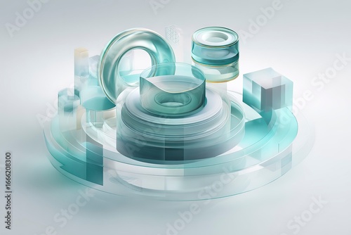 A futuristic 3D composition featuring five abstract glass-like shapes