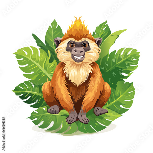Cartoon monkey illustration sitting on tropical leaves with a friendly smile and cheerful expression.