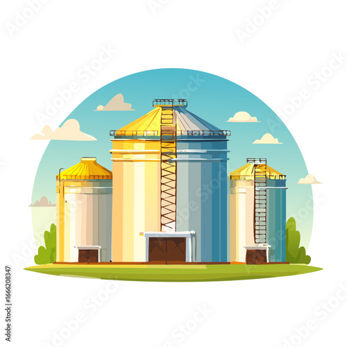 Cartoon grain elevators stand tall against a sunny sky, illustrating agriculture, industry and storage