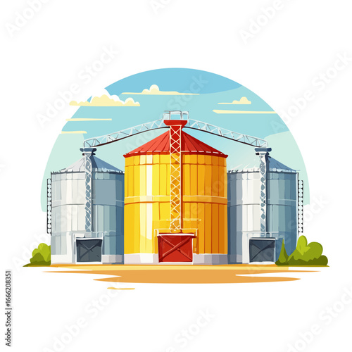 Farm grain elevators or silos illustration for agriculture and farming concept