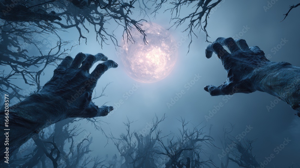 Obraz premium Bony pale hands of sexy woman vampire with sharp bloody red nails rising out from the ground,Halloween grave crosses,zombies at night,creepy hand coming out of the ground,halloween concept.