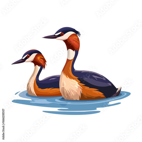 Two Great Crested Grebes swimming in water artistic illustration waterfowl bird wildlife pair aquatic animals nature artwork