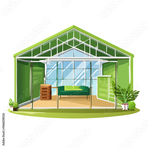 Bright green greenhouse with modern furniture indoor plants cartoon illustration