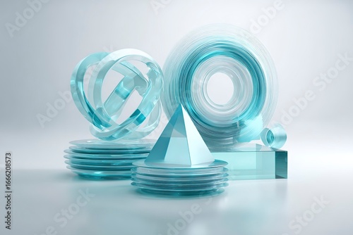 A futuristic 3D composition featuring five abstract glass-like shapes