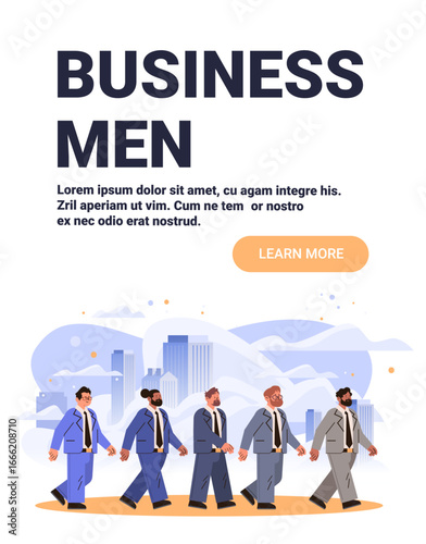 Business men teamwork cityscape background group of diverse businessmen walking together modern office buildings clouds abstract shapes website banner