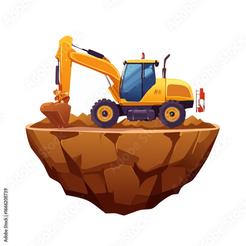 Yellow Excavator Digging Earth on Floating Rock Island Cartoon Illustration
