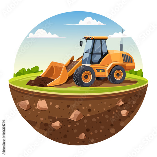 Yellow Loader Digging on Earth Cross Section in a Cartoon Style Against a Cloudy Sky