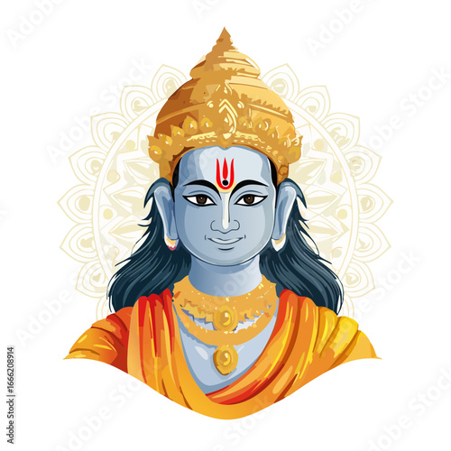 Illustration of Hindu deity with crown, jewelry, and red mark on forehead against decorative background