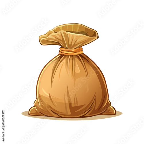 Cartoon illustration of tied brown burlap sack on black background, filled bag