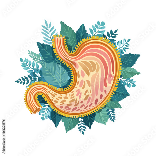 Stomach anatomy art, human internal organ illustration surrounded by green leaves, digestive system health concept on black