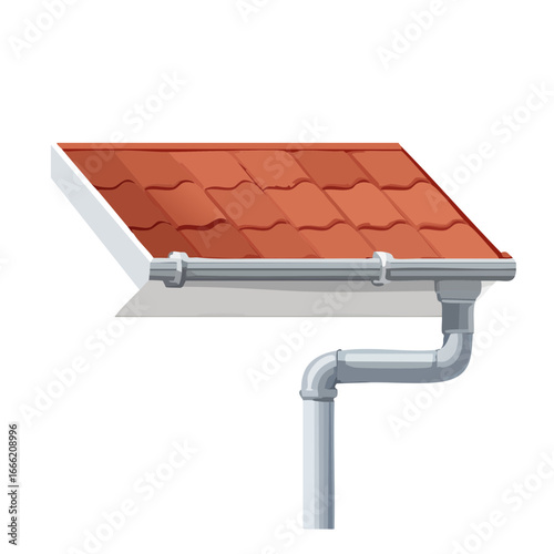 Tile Roof with Gutter System Illustration, Roof, Drainage, Exterior, Home, Building, Construction
