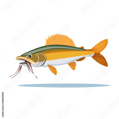 Cartoon fish illustration with barbels swimming underwater wildlife design
