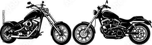 Two custom classic chopper motorcycles with chrome details and extended forks display classic american cruiser style bike silhouettes
