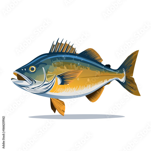 Vibrant Illustration of a Freshwater Fish with Detailed Fins and Scales Against a Black Background