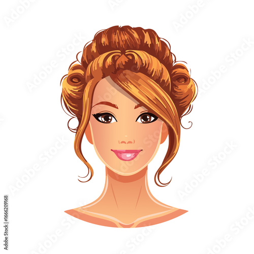 Elegant Woman Cartoon Portrait with Updo Hairstyle on Dark Background