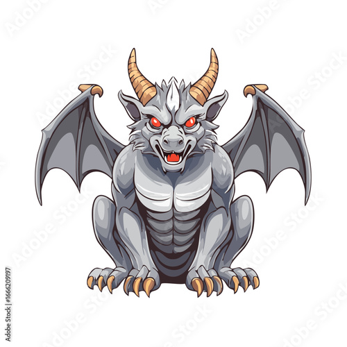 Cartoon gargoyle with red eyes and wings sitting guarding fantasy creature