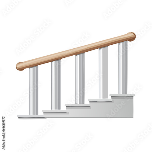 Indoor staircase illustration with wooden handrail and white steps, isolated on black background, architectural detail