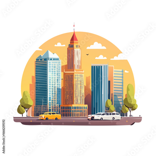 Cityscape illustration featuring skyscrapers, vehicles, and stylized sunset in a modern graphic design style.