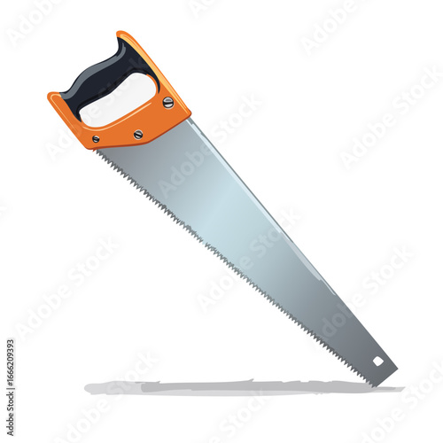 Illustration of a Hand Saw Tool with Orange Handle and a Silver Blade on a Black Background
