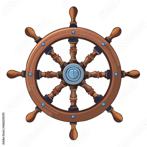 Cartoon Wooden Ship Wheel with Blue Accents on Black Background