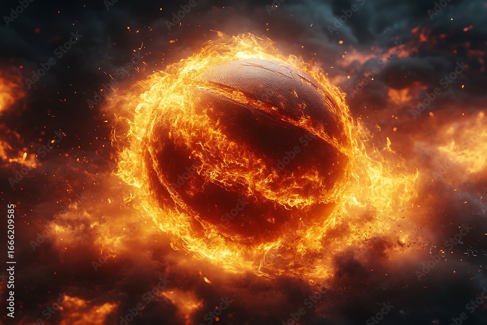 Fototapeta premium Basketball engulfed in intense orange and yellow flames against dark smoky background