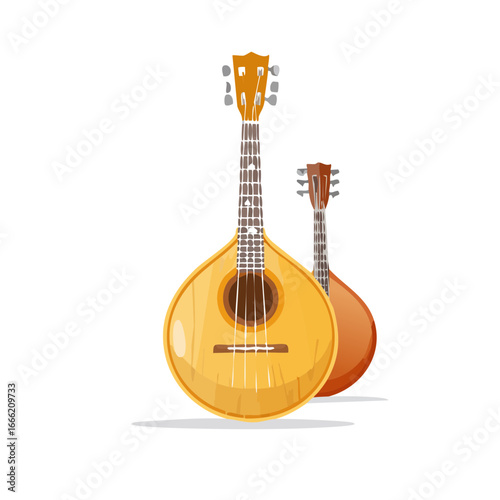 Pair of Iberian stringed instruments with pear-shaped bodies, black background