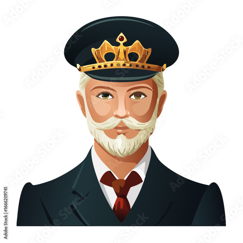 Cartoon portrait of a man with a crown decoration on his captain's hat. Bearded character in a suit and tie.
