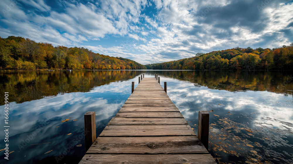 Obraz premium Wooden pier leading into a lake reflecting autumn skies --ar