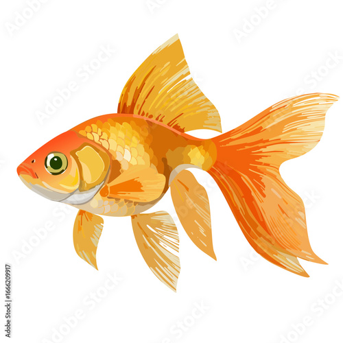 Elegant Goldfish Illustration Swimming In Black Backdrop Aquatic Pet Fishbowl Underwater Animal Colorful Orange Gold Yellow Scales