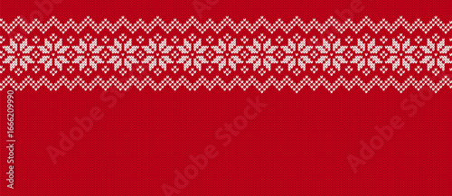 Christmas knit background with snowflakes. Xmas geometric border. Holiday seamless pattern. Festive winter ornament. Knitted sweater print. Fair isle traditional texture. Vector.