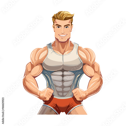 Cartoon muscular man in tank top with abs, biceps, and red shorts on black background