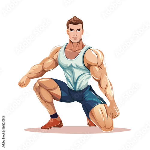 Muscular man in tank top and shorts, fitness pose, athletic build, cartoon style