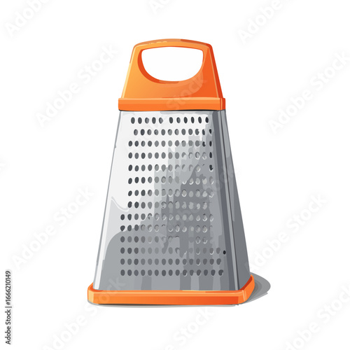 Metal food grater with orange plastic handle for grating cheese and vegetables in the kitchen