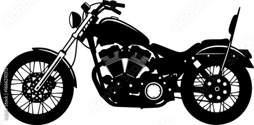 Classic black and white silhouette of a vintage cruiser motorcycle with spoked wheels and a detailed engine and classic styling