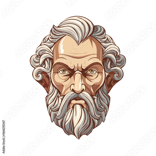 Classical Philosopher Head Illustration with White Hair and Beard in Vector