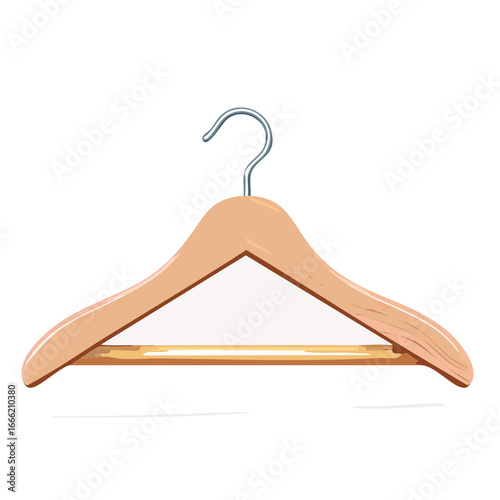 Illustration of an empty wooden coat hanger with metal hook on black background.