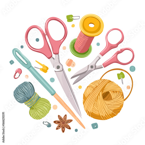 Sewing and Crafting Supplies Flat Lay Composition with Thread, Scissors, and Yarn on Black Background