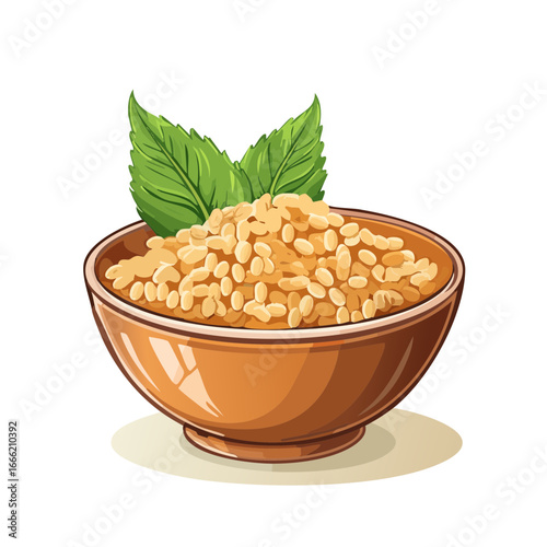 Cartoon bowl of grains topped with leafy greens wholesome grain bowl concept illustration