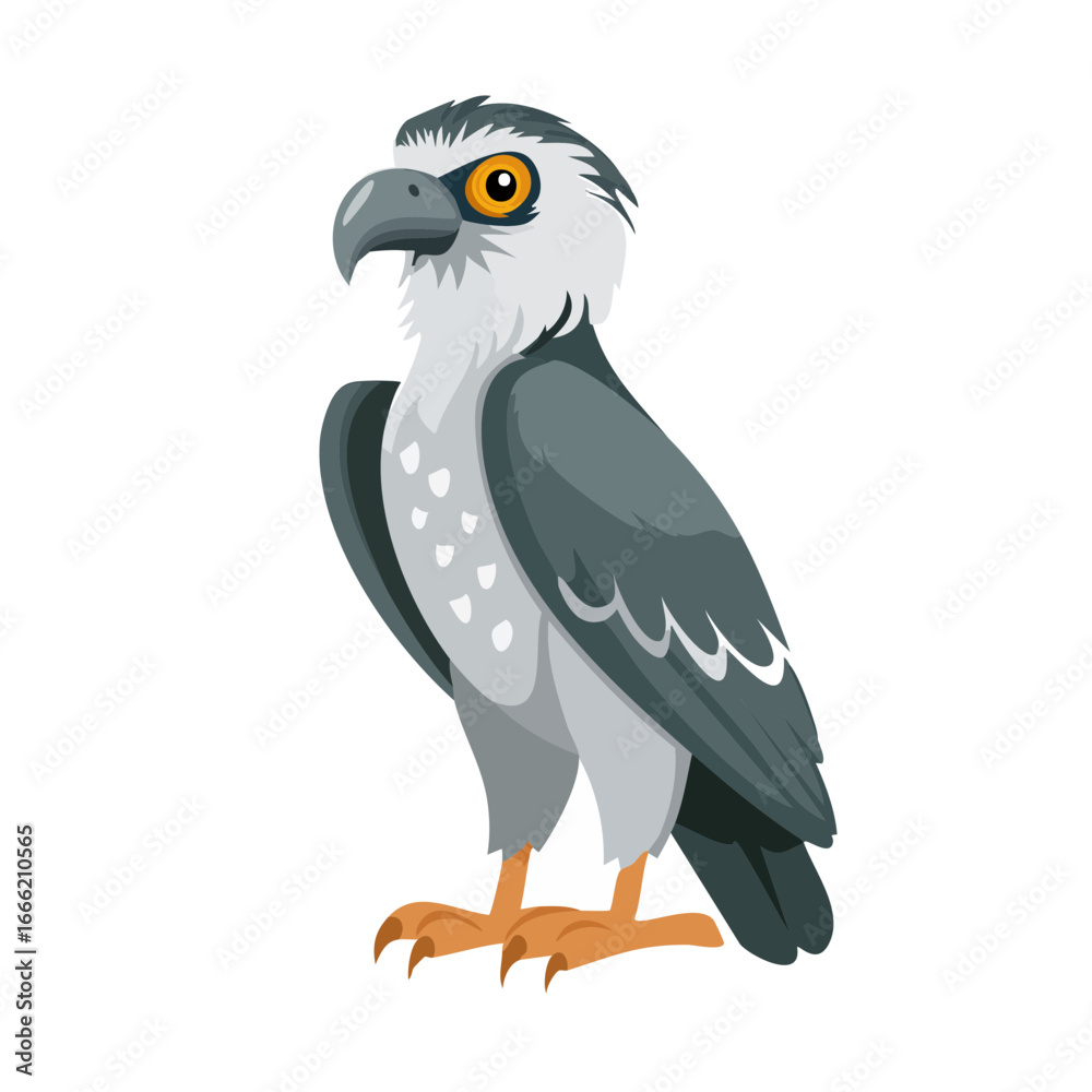 Obraz premium Cartoon image of a Philippine eagle standing, isolated on black background, showcasing its powerful beak and distinctive plumage.