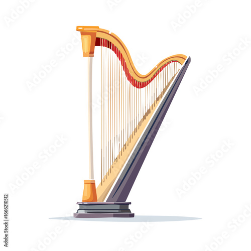 Illustration of a golden harp with strings on a black background for music and art projects.