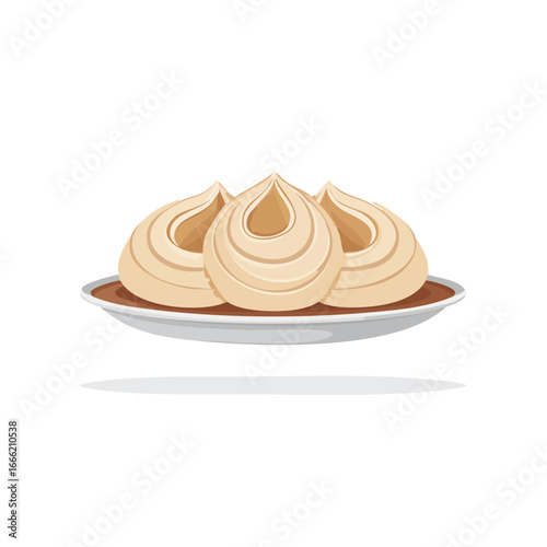 Dim sum dumplings cartoon illustration on plate, Asian cuisine food, traditional dumpling snack