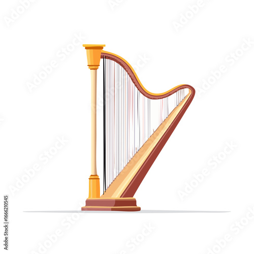 Elegant golden harp illustration with delicate strings, music instrument on black backdrop