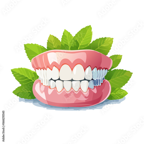 Denture with mint leaves illustration, dental health concept for healthy gums and breath