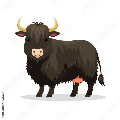 Cartoon yak illustration standing with black background, wildlife animal illustration
