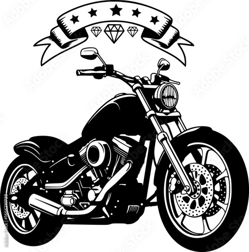 Vintage motorcycle silhouette with decorative banner and stars creates classic american biker emblem design with patriotic style