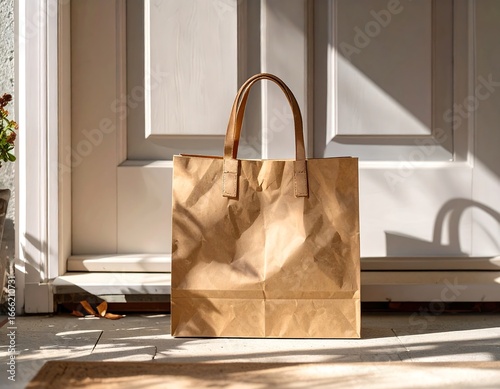Brown paper bag on doorstep with natural sunlight, symbolizing home delivery and eco packaging.
