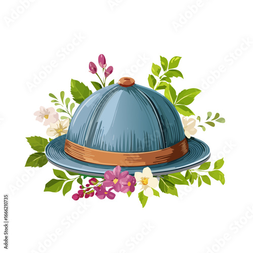 Blue pith helmet surrounded by colorful flowers and green leaves on black background